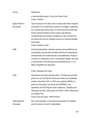 209
Termo Significado
e retransmitidos para a Terra (ver Down Link).
Fonte: Tonifoto
Upper field (F1
Dominant)
Tipo de arquivo de vídeo onde o campo das linhas ímpares
(chamado F1) é desenhado primeiro na imagem, seguindo-
se o campo das linhas pares. O nome decorre do fato das
linhas ímpares estarem acima (upper) das demais,
considerando-se as linhas completas (e não a meia linha
do campo par que na verdade inicia-se na mesma posição
horizontal).
Fonte: Fazendo vídeo
USB Universal Serial Bus. Interface externa para periféricos de
computador que permite conectar dezenas de dispositivos
praticamente sem problemas de compatibilidade. Pode-se
conectar um dispositivo com o computador ligado, que este
o reconhecerá. Permite taxas de transferência de 1 a 12
Mbps (megabits por segundo).
Fonte: Glossário de Vídeo
VCD Abreviatura de Video Compact Disc. Formato que permite
gravar em um CD até 80 minutos de vídeo com qualidade
similar a das fitas VHS. O VCD usa o padrão MPEG-1 e
pode ser executado nos drives de CD-ROM e nos
aparelhos de DVD Players mais modernos. Trabalha com
resolução de 352 x 240 pixels em NTSC e 352 x 288 pixels
em padrão PAL.
Fonte: Guia do vídeo - INFO Exame
Velocidade de
Gravação
Nos videocassetes, o processo de gravação de imagens
pode funcionar em até 3 velocidades:
 