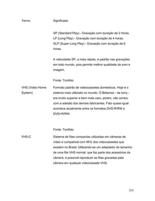 210
Termo Significado
SP (Standard Play) - Gravação com duração de 2 horas.
LP (Long Play) - Gravação com duração de 4 horas.
SLP (Super Long Play) - Gravação com duração de 6
horas.
A velocidade SP, a mais rápida, é padrão nas gravações
em todo mundo, pois permite melhor qualidade de som e
imagem.
Fonte: Tonifoto
VHS (Video Home
System)
Formato padrão de videocassetes domésticos. Hoje é o
sistema mais utilizado no mundo. O Betamax - da sony -
era muito superior e bem mais caro, porém, não contou
com a adesão dos demais fabricantes. Fato quase igual
acontece atualmente entre os formatos DVD-R/RW e
DVD+R/RW.
Fonte: Tonifoto
VHS-C Sistema de fitas compactas utilizadas em câmeras de
vídeo e compatível com 95% dos videocassetes que
existem no Brasil. Utilizando-se um adaptador do tamanho
de uma fita VHS normal, que faz parte dos acessórios da
câmera, é possível reproduzir as fitas gravadas pela
câmera em qualquer videocassete VHS.
 