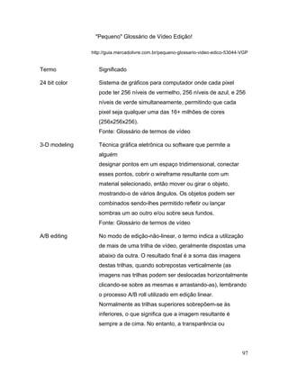 97
"Pequeno" Glossário de Vídeo Edição!
http://guia.mercadolivre.com.br/pequeno-glossario-video-edico-53044-VGP
Termo Significado
24 bit color Sistema de gráficos para computador onde cada pixel
pode ter 256 níveis de vermelho, 256 níveis de azul, e 256
níveis de verde simultaneamente, permitindo que cada
pixel seja qualquer uma das 16+ milhôes de cores
(256x256x256).
Fonte: Glossário de termos de vídeo
3-D modeling Técnica gráfica eletrônica ou software que permite a
alguém
designar pontos em um espaço tridimensional, conectar
esses pontos, cobrir o wireframe resultante com um
material selecionado, então mover ou girar o objeto,
mostrando-o de vários ângulos. Os objetos podem ser
combinados sendo-lhes permitido refletir ou lançar
sombras um ao outro e/ou sobre seus fundos.
Fonte: Glossário de termos de vídeo
A/B editing No modo de edição-não-linear, o termo indica a utilização
de mais de uma trilha de vídeo, geralmente dispostas uma
abaixo da outra. O resultado final é a soma das imagens
destas trilhas, quando sobrepostas verticalmente (as
imagens nas trilhas podem ser deslocadas horizontalmente
clicando-se sobre as mesmas e arrastando-as), lembrando
o processo A/B roll utilizado em edição linear.
Normalmente as trilhas superiores sobrepõem-se às
inferiores, o que significa que a imagem resultante é
sempre a de cima. No entanto, a transparência ou
 
