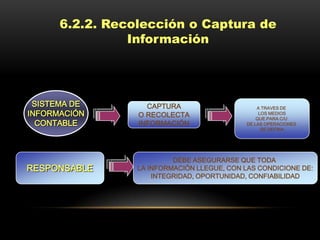 6.2.2. Recolección o Captura de
                Información




 SISTEMA DE        CAPTURA                      A TRAVES DE
INFORMACIÓN      O RECOLECTA                     LOS MEDIOS
                                                QUE PARA C/U
  CONTABLE       INFORMACIÓN                DE LAS OPERACIONES
                                                  SE DEFINA




                          DEBE ASEGURARSE QUE TODA
RESPONSABLE      LA INFORMACIÓN LLEGUE, CON LAS CONDICIONE DE:
                     INTEGRIDAD, OPORTUNIDAD, CONFIABILIDAD
 