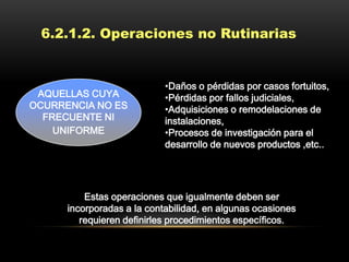 6.2.1.2. Operaciones no Rutinarias


                            •Daños o pérdidas por casos fortuitos,
 AQUELLAS CUYA              •Pérdidas por fallos judiciales,
OCURRENCIA NO ES            •Adquisiciones o remodelaciones de
  FRECUENTE NI              instalaciones,
    UNIFORME                •Procesos de investigación para el
                            desarrollo de nuevos productos ,etc..




          Estas operaciones que igualmente deben ser
      incorporadas a la contabilidad, en algunas ocasiones
         requieren definirles procedimientos específicos.
 