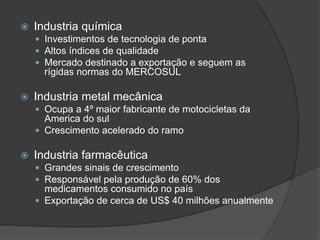  Industria química
 Investimentos de tecnologia de ponta
 Altos índices de qualidade
 Mercado destinado a exportação e seguem as
rígidas normas do MERCOSUL
 Industria metal mecânica
 Ocupa a 4º maior fabricante de motocicletas da
America do sul
 Crescimento acelerado do ramo
 Industria farmacêutica
 Grandes sinais de crescimento
 Responsável pela produção de 60% dos
medicamentos consumido no país
 Exportação de cerca de US$ 40 milhões anualmente
 