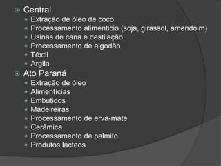  Central
 Extração de óleo de coco
 Processamento alimenticio (soja, girassol, amendoim)
 Usinas de cana e destilação
 Processamento de algodão
 Têxtil
 Argila
 Ato Paraná
 Extração de óleo
 Alimentícias
 Embutidos
 Madeireiras
 Processamento de erva-mate
 Cerâmica
 Processamento de palmito
 Produtos lácteos
 