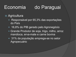 Economia do Paraguai
 Agricultura
 Responsável por 65,3% das exportações
do País
 16,8% do PIB gerado pelo Agronegócio
 Grande Produtor de soja, trigo, milho, arroz
mandioca, erva-mate e carne bovina
 31% da população emprega-se no setor
Agropecuário
 