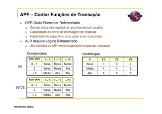 APF – Contar Funções de Transação
         DER Dado Elementar Referenciado
             Campo único não repetido e reconhecido por usuário
             Capacidade de envio de mensagem de resposta
             Habilidade de especificar uma ação a ser executada
         ALR Arquivo Lógico Referenciado
             ALI mantido ou AIE referenciado pela função de transação

          Complexidade                            Contribuição
            ALRs/ DERs   1–4     5 – 15   > 16        #          EE     CE   SE
              0–1        Baixa   Baixa    Média     Baixa         3     3    4
   EE
                   2     Baixa   Média    Alta      Média         4     4    5
               >3        Média    Alta    Alta       Alta         6     6    7

            ALRs/ DERs   1–5     6 – 19   > 20
              0–1        Baixa   Baixa    Média
 SE/CE
                   2     Baixa   Média    Alta
               >3        Média    Alta    Alta



Humbertho Mattar
 