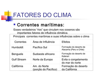 FATORES DO CLIMA
 Explicação:
Formação do deserto de Atacama, do Kalarari e da
Califórnia:
Como trata-se de correntes fri...