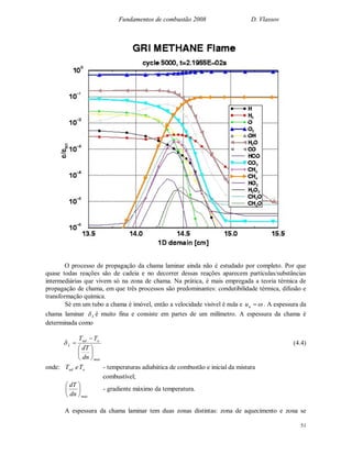 Fundamentos de combustão 2008 D. Vlassov
51
O processo de propagação da chama laminar ainda não é estudado por completo. Por que
quase todas reações são de cadeia e no decorrer dessas reações aparecem partículas/substâncias
intermediárias que vivem só na zona de chama. Na prática, é mais empregada a teoria térmica de
propagação de chama, em que três processos são predominantes: condutibilidade térmica, difusão e
transformação química.
Sé em um tubo a chama é imóvel, então a velocidade visível é nula e nu . A espessura da
chama laminar L é muito fina e consiste em partes de um milímetro. A espessura da chama é
determinada como
max
oad
L
dn
dT
TT







 (4.4)
onde: oad TeT - temperaturas adiabática de combustão e inicial da mistura
combustível;
maxdn
dT






- gradiente máximo da temperatura.
A espessura da chama laminar tem duas zonas distintas: zona de aquecimento e zona se
 