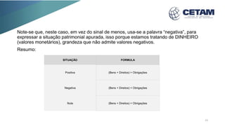 Note-se que, neste caso, em vez do sinal de menos, usa-se a palavra “negativa”, para
expressar a situação patrimonial apurada, isso porque estamos tratando de DINHEIRO
(valores monetários), grandeza que não admite valores negativos.
Resumo:
SITUAÇÃO FORMULA
Positiva (Bens + Direitos) > Obrigações
Negativa (Bens + Direitos) < Obrigações
Nula (Bens + Direitos) = Obrigações
23
 