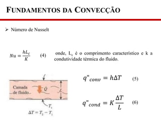 onde, Lc é o comprimento característico e k a
condutividade térmica do fluido.
(4)𝑁𝑢 =
ℎ𝐿 𝑐
𝐾
𝑞" 𝑐𝑜𝑛𝑣 = ℎ∆𝑇
𝑞" 𝑐𝑜𝑛𝑑 = 𝐾
∆𝑇
𝐿
(5)
(6)
FUNDAMENTOS DA CONVECÇÃO
 Número de Nusselt
 