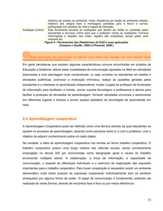 histórico de acesso ao ambiente, notas, freqüência por seção do ambiente visitado,
histórico dos artigos lidos e mensagens postadas para o fórum e correio,
participação em sessões de chat e mapas de interação.
Avaliação (online) Esta ferramenta envolve as avaliações que devem ser feitas ou postadas pelos
estudantes e recursos online para que o professor corrija as avaliações. Fornece
informações a respeito das notas, registro das avaliações, tempo gasto para
resposta etc.
Figura 5 - Ferramentas das Plataformas de EAD e suas aplicações
(Campos e Giraffa ,1999 in Pimentel, 2006 ).
Quais ferramentas de comunicação na Internet você utiliza para interagir com seus alunos? Quais
ferramentas você acha que deveria usar?
Em geral percebe-se que existem algumas características comuns encontradas em projetos de
Educação a Distância: utilizar estas modalidades de comunicação apoiadas na Web em atividades
associadas a uma abordagem mais construtivista, ou seja, envolver os estudantes em tarefas e
atividades autênticas, promover a motivação intrínseca, realçar as questões geradas pelos
estudantes e o interesse no aprendizado independente, mudar o papel do professor de fornecedor
de informação para facilitador e mentor, prover suporte tecnológico a professores e alunos para
facilitar a produção de atividades de aprendizagem, fornecer atividades síncronas e assíncronas
em diferentes lugares e tempos e prover acesso eqüitativo às tecnologias de aprendizado em
rede.
2.4 Aprendizagem cooperativa
A Aprendizagem Cooperativa pode ser definida como uma técnica através da qual estudantes se
ajudam no processo de aprendizagem, atuando como parceiros entre si, e com o professor, com o
objetivo de adquirir conhecimento sobre um dado objeto.
Na verdade, a idéia de aprendizagem cooperativa nos remete ao termo trabalho cooperativo. O
trabalho cooperativo possui uma longa história nas ciências sociais, sendo primeiramente
empregado no século XIX por economistas como designação geral e neutra do trabalho
envolvendo múltiplos atores. A colaboração, a troca de informação, a capacidade de
comunicação, o respeito às diferenças individuais e o exercício da negociação são requisitos
importantes para o trabalho cooperativo. Para haver cooperação é necessário existir um ambiente
democrático onde todos possam se expressar cooperando individualmente sem se sentirem
ameaçados por alguma forma de poder. O papel da comunicação é fundamental, podendo ser
realizada de várias formas, através de encontros face à face ou por meios eletrônicos.
23
 