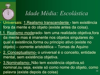 Idade Média: EscolásticaUniversais: 1.Realismo transcendente - tem existência fora da mente e do objeto (existe antes da coisa).1.1. Realismo moderado- tem uma realidade objetiva,fora da mente mas é imanente nos objetos singulares do qual é existência,forma ou principio ativo (existe no objeto) – corrente aristotélica – Tomas de Aquino2. Conceptualismo- o universal é o conceito, entidade mental, sem existência objetiva.3.Nominalismo- Não tem existência objetiva,só nominal,ou seja, existe só como nome do objeto, como palavra (existe depois da coisa)30