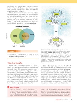 83Capítulo 4 A consciência
Uma expressão da visão integradora do conhecimento,
que ainda persistia em boa medida na Idade Moderna, é a
metáfora da árvore do saber, proposta por Descartes no
século XVII. No prefácio de sua obra Princípios de filosofia, ele
explica que toda a filosofia é como uma árvore, cujas raízes
são a metafísica, o tronco é a física e os ramos que saem
desse tronco constituem todas as outras ciências, que se
reduzem a três principais: a medicina, a mecânica e a moral.
Observe que a teologia (ou religião) já não fazia parte de seu
projeto científico-filosófico.
cia. Foram eles que iniciaram esse processo de
tentar explicar os fenômenos naturais e humanos
sem o auxílio dos deuses e mitos, apoiando-se
progressivamente na razão.
Mas os filósofos procuravam igualmente um tipo
de saber superior, uma espécie de “conhecimento
por detrás do conhecimento”, bem como um “co-
nhecimento que vai além do conhecimento”, que
permite estar lúcido em meio ao turbilhão da exis-
tência. É a esse conhecimento integrador – que con-
duz à vida boa – que damos o nome de sabedoria.
CONEXÕES
4. Este gráﬁco é semelhante ao da página 81, com
uma alteração. Interprete-o.
Ciência e ﬁlosoﬁa
Vemos então que, embora hoje em dia a filoso-
fia e a ciência sejam entendidas como duas áreas
de estudo muito distintas e separadas, nem sem-
pre foi assim. Desde a Grécia antiga, o saber filo-
sófico reunia o conjunto dos conhecimentos racio-
nais desenvolvidos pelo ser humano: matemática,
astronomia, física, biologia, lógica, ética, política
etc. Não havia separação entre filosofia e ciência.
Elas estavam fusionadas, eram a mesma coisa.
Até mesmo a investigação sobre Deus (a teologia)
fazia parte das especulações dos filósofos.
Senso
comum
Universo de afirmações
Verdade
Conhecimento
(stricto sensu)
Afirmações
verdadeiras
Afirmações
falsas
Essa visão integradora perdurou até o fim da
Idade Média. A partir da Idade Moderna, com o de-
senvolvimento do método científico, aplicado pri-
meiro pela física, a realidade a ser conhecida pas-
sou a ser progressivamente dividida, recortada,
atomizada em setores independentes. Desse modo,
surgiram as diversas áreas de investigação científi-
ca que conhecemos hoje, como a matemática, a fí-
sica, a química, a biologia, a geografia, a antropolo-
gia, a psicologia, a sociologia, entre outras. Acaba-
va, assim, a antiga unidade do conhecimento.
Observação
Tenha em conta que a ﬁlosoﬁa ocidental não é a
única forma de pensar reﬂexivo sobre a realida-
de, embora alguns estudiosos reivindiquem que
o termo ﬁlosoﬁa deve ser aplicado apenas à pro-
dução ﬁlosóﬁca do Ocidente. Diversas culturas
da Ásia e do Oriente Médio também desenvolveram
pensamentos ricos e abrangentes sobre os diversos
aspectos do universo e da existência – e até mesmo
crítico, conforme assinalam alguns estudiosos –, po-
dendo perfeitamente ser denominados “ﬁlosoﬁas”.
MAUROTAKESHI
MAUROTAKESHI
FILOVU-064-085-U1-cap4.indd 83 15/05/13 11:18
 