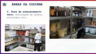 ÁREAS DA COZINHA
2. Área de armazenamento
seco: Estocagem de grãos,
enlatados etc.
 