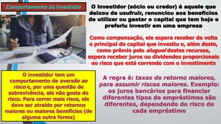 Comportamento do Investidor O investidor (sócio ou credor) é aquele que
deixou de usufruir, renunciou aos benefícios
de utilizar ou gastar o capital que tem hoje e
preferiu investir em uma empresa
Como compensação, ele espera receber de volta
o principal do capital que investiu e, além deste,
como prêmio pelo aluguel destes recursos,
espera receber juros ou dividendos proporcionais
ao risco que está correndo com o investimento
O investidor tem um
comportamento de aversão ao
risco e, por uma questão de
sobrevivência, ele não gosta do
risco. Para correr mais risco, ele
deve ser atraído por retornos
maiores ou maiores benefícios (de
alguma outra forma)
A regra é: taxas de retorno maiores,
para assumir riscos maiores. Exemplo:
os juros bancários para financiar
diferentes tipos de empréstimos são
diferentes, dependendo do risco de
cada empréstimo
 