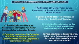 QUEM SÃO OS INTERESSADOS nas INFORMAÇÕES CONTÁBEIS?
1) As Pessoas em Geral: Todos Somos
Investidores de Recursos, Conciliando Nossas
Rendas e Gastos
2) Sócios e Acionistas: Têm Interesse no
Retorno do “Capital Inicial” Investido
3) Empregados: A Empresa é a Sua
Fonte de Recursos e a responsável
Pela Manutenção da Sua Família
4) Administradores e Gestores:
Necessitam de Informações Para Melhor
Decidirem Sobre os Caminhos Tomados
5) Fornecedores e Investidores:
Objetivam o Retorno dos Recursos
Investidos (em Mercadorias ou
Outros Investimentos)
6) Governos: Necessitam de Informações
(Sob Forma de Impostos) e Sobre o
Desenvolvimento de Áreas Geográficas e
Segmentos de Mercados
 