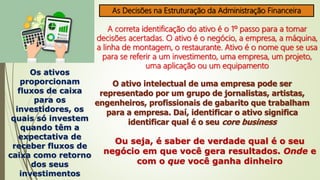 As Decisões na Estruturação da Administração Financeira
A correta identificação do ativo é o 1º passo para a tomar
decisões acertadas. O ativo é o negócio, a empresa, a máquina,
a linha de montagem, o restaurante. Ativo é o nome que se usa
para se referir a um investimento, uma empresa, um projeto,
uma aplicação ou um equipamento
Os ativos
proporcionam
fluxos de caixa
para os
investidores, os
quais só investem
quando têm a
expectativa de
receber fluxos de
caixa como retorno
dos seus
investimentos
O ativo intelectual de uma empresa pode ser
representado por um grupo de jornalistas, artistas,
engenheiros, profissionais de gabarito que trabalham
para a empresa. Daí, identificar o ativo significa
identificar qual é o seu core business
Ou seja, é saber de verdade qual é o seu
negócio em que você gera resultados. Onde e
com o que você ganha dinheiro
 