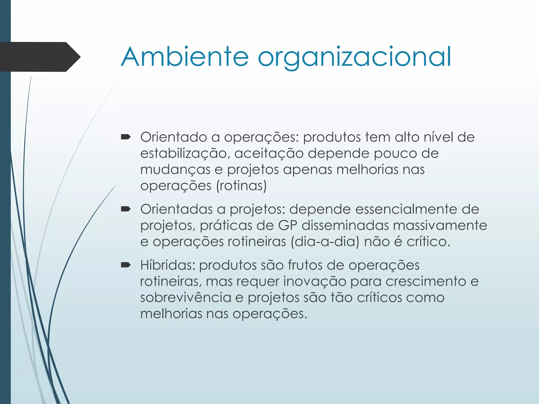 Ambiente organizacional
 Orientado a operações: produtos tem alto nível de
estabilização, aceitação depende pouco de
mudanças e projetos apenas melhorias nas
operações (rotinas)
 Orientadas a projetos: depende essencialmente de
projetos, práticas de GP disseminadas massivamente
e operações rotineiras (dia-a-dia) não é crítico.
 Híbridas: produtos são frutos de operações
rotineiras, mas requer inovação para crescimento e
sobrevivência e projetos são tão críticos como
melhorias nas operações.
 