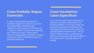 Crase Proibida: Regras
Essenciais
Crase Facultativa:
Casos Específicos
A crase é estritamente proibida em
contextos específicos. Não se usa antes
de substantivos masculinos (ex:
"Andamos a pé"), verbos no infinitivo (ex:
"Começou a fazer") e pronomes pessoais
(ex: "Referiu-se a ela"). Essas regras
evitam ambiguidades e mantêm a clareza
gramatical, sendo fundamentais para a
correção da escrita.
O uso da crase torna-se facultativo em
algumas situações, oferecendo uma
escolha estilística. Isso ocorre antes de
pronomes possessivos femininos (ex:
"Entreguei a/à minha irmã") e antes de
nomes próprios femininos (ex: "Fui a/à
Maria"). Nesses casos, a presença ou
ausência do acento grave não configura
erro gramatical, mas pode alterar a
ênfase.
 