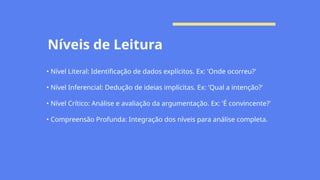 Níveis de Leitura
• Nível Literal: Identificação de dados explícitos. Ex: 'Onde ocorreu?'
• Nível Inferencial: Dedução de ideias implícitas. Ex: 'Qual a intenção?'
• Nível Crítico: Análise e avaliação da argumentação. Ex: 'É convincente?'
• Compreensão Profunda: Integração dos níveis para análise completa.
 