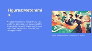 Figuras:Metoními
a
A Metonímia consiste na substituição de
um termo por outro com o qual mantém
uma relação de proximidade, como autor
pela obra ("ler Machado de Assis") ou
causa pelo efeito.
Figuras literárias brasileiras e a metonímia na literatura.
 