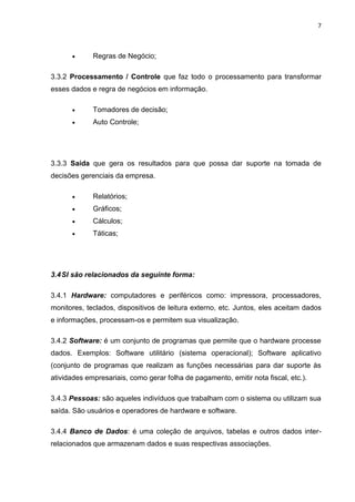 7
 Regras de Negócio;
3.3.2 Processamento / Controle que faz todo o processamento para transformar
esses dados e regra de negócios em informação.
 Tomadores de decisão;
 Auto Controle;
3.3.3 Saída que gera os resultados para que possa dar suporte na tomada de
decisões gerenciais da empresa.
 Relatórios;
 Gráficos;
 Cálculos;
 Táticas;
3.4SI são relacionados da seguinte forma:
3.4.1 Hardware: computadores e periféricos como: impressora, processadores,
monitores, teclados, dispositivos de leitura externo, etc. Juntos, eles aceitam dados
e informações, processam-os e permitem sua visualização.
3.4.2 Software: é um conjunto de programas que permite que o hardware processe
dados. Exemplos: Software utilitário (sistema operacional); Software aplicativo
(conjunto de programas que realizam as funções necessárias para dar suporte às
atividades empresariais, como gerar folha de pagamento, emitir nota fiscal, etc.).
3.4.3 Pessoas: são aqueles indivíduos que trabalham com o sistema ou utilizam sua
saída. São usuários e operadores de hardware e software.
3.4.4 Banco de Dados: é uma coleção de arquivos, tabelas e outros dados inter-
relacionados que armazenam dados e suas respectivas associações.
 