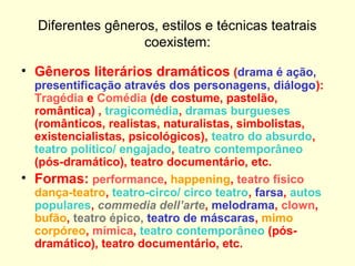 Diferentes gêneros, estilos e técnicas teatrais
coexistem:
• Gêneros literários dramáticos (drama é ação,
presentificação através dos personagens, diálogo):
Tragédia e Comédia (de costume, pastelão,
romântica) , tragicomédia, dramas burgueses
(românticos, realistas, naturalistas, simbolistas,
existencialistas, psicológicos), teatro do absurdo,
teatro político/ engajado, teatro contemporâneo
(pós-dramático), teatro documentário, etc.
• Formas: performance, happening, teatro físico
dança-teatro, teatro-circo/ circo teatro, farsa, autos
populares, commedia dell’arte, melodrama, clown,
bufão, teatro épico, teatro de máscaras, mimo
corpóreo, mímica, teatro contemporâneo (pós-
dramático), teatro documentário, etc.
 