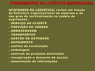 FUNDAMENTOS DA LOGÍSTICA EMPRESARIAL ATIVIDADES DA LOGÍSTICA:  variam em função da Estrutura organizacional da empresa e de seu grau de verticalização na cadeia de suprimento. . SERVIÇO AO CLIENTE . PREVISÃO DE VENDAS . ARMAZENAGEM . TRANSPORTES . GESTÃO DE ESTOQUES . SUPRIMENTO . análise de localização . embalagem . controle de produtos devolvidos . recuperação e descarte de sucata . manutenção de informações 