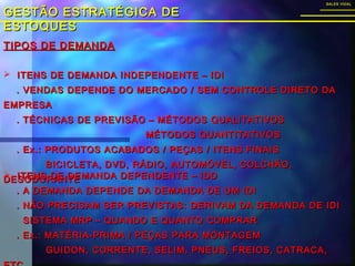 TIPOS DE DEMANDATIPOS DE DEMANDA
GESTÃO ESTRATÉGICA DEGESTÃO ESTRATÉGICA DE
ESTOQUESESTOQUES
SALES VIDALSALES VIDAL
 ITENS DE DEMANDA INDEPENDENTE – IDIITENS DE DEMANDA INDEPENDENTE – IDI
. VENDAS DEPENDE DO MERCADO / SEM CONTROLE DIRETO DA. VENDAS DEPENDE DO MERCADO / SEM CONTROLE DIRETO DA
EMPRESAEMPRESA
. TÉCNICAS DE PREVISÃO – MÉTODOS QUALITATIVOS. TÉCNICAS DE PREVISÃO – MÉTODOS QUALITATIVOS
MÉTODOS QUANTITATIVOSMÉTODOS QUANTITATIVOS
. Ex.: PRODUTOS ACABADOS / PEÇAS / ITENS FINAIS. Ex.: PRODUTOS ACABADOS / PEÇAS / ITENS FINAIS
BICICLETA, DVD, RÁDIO, AUTOMÓVEL, COLCHÃO,BICICLETA, DVD, RÁDIO, AUTOMÓVEL, COLCHÃO,
DESODORANTEDESODORANTE
 ITENS DE DEMANDA DEPENDENTE – IDDITENS DE DEMANDA DEPENDENTE – IDD
. A DEMANDA DEPENDE DA DEMANDA DE UM IDI. A DEMANDA DEPENDE DA DEMANDA DE UM IDI
. NÃO PRECISAM SER PREVISTAS: DERIVAM DA DEMANDA DE IDI. NÃO PRECISAM SER PREVISTAS: DERIVAM DA DEMANDA DE IDI
SISTEMA MRP – QUANDO E QUANTO COMPRARSISTEMA MRP – QUANDO E QUANTO COMPRAR
. Ex.: MATÉRIA-PRIMA / PEÇAS PARA MONTAGEM. Ex.: MATÉRIA-PRIMA / PEÇAS PARA MONTAGEM
GUIDON, CORRENTE, SELIM, PNEUS, FREIOS, CATRACA,GUIDON, CORRENTE, SELIM, PNEUS, FREIOS, CATRACA,
 