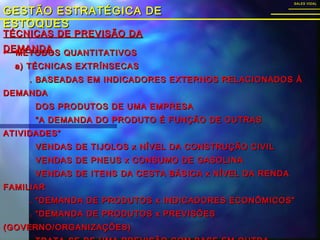 TÉCNICAS DE PREVISÃO DATÉCNICAS DE PREVISÃO DA
DEMANDADEMANDA
GESTÃO ESTRATÉGICA DEGESTÃO ESTRATÉGICA DE
ESTOQUESESTOQUES
SALES VIDALSALES VIDAL
 MÉTODOS QUANTITATIVOSMÉTODOS QUANTITATIVOS
a) TÉCNICAS EXTRÍNSECASa) TÉCNICAS EXTRÍNSECAS
. BASEADAS EM INDICADORES EXTERNOS RELACIONADOS À. BASEADAS EM INDICADORES EXTERNOS RELACIONADOS À
DEMANDADEMANDA
DOS PRODUTOS DE UMA EMPRESADOS PRODUTOS DE UMA EMPRESA
““ A DEMANDA DO PRODUTO É FUNÇÃO DE OUTRASA DEMANDA DO PRODUTO É FUNÇÃO DE OUTRAS
ATIVIDADES”ATIVIDADES”
VENDAS DE TIJOLOS x NÍVEL DA CONSTRUÇÃO CIVILVENDAS DE TIJOLOS x NÍVEL DA CONSTRUÇÃO CIVIL
VENDAS DE PNEUS x CONSUMO DE GASOLINAVENDAS DE PNEUS x CONSUMO DE GASOLINA
VENDAS DE ITENS DA CESTA BÁSICA x NÍVEL DA RENDAVENDAS DE ITENS DA CESTA BÁSICA x NÍVEL DA RENDA
FAMILIARFAMILIAR
. “DEMANDA DE PRODUTOS x INDICADORES ECONÔMICOS”. “DEMANDA DE PRODUTOS x INDICADORES ECONÔMICOS”
. “DEMANDA DE PRODUTOS x PREVISÕES. “DEMANDA DE PRODUTOS x PREVISÕES
(GOVERNO/ORGANIZAÇÕES)(GOVERNO/ORGANIZAÇÕES)
 