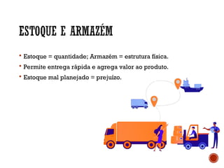  Estoque = quantidade; Armazém = estrutura física.
 Permite entrega rápida e agrega valor ao produto.
 Estoque mal planejado = prejuízo.
 