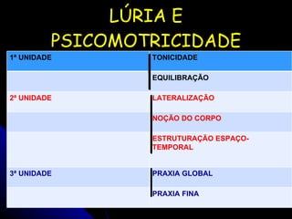 LÚRIA E PSICOMOTRICIDADE 1ª UNIDADE TONICIDADE EQUILIBRAÇÃO 2ª UNIDADE LATERALIZAÇÃO NOÇÃO DO CORPO ESTRUTURAÇÃO ESPAÇO-TEMPORAL 3ª UNIDADE PRAXIA GLOBAL PRAXIA FINA 