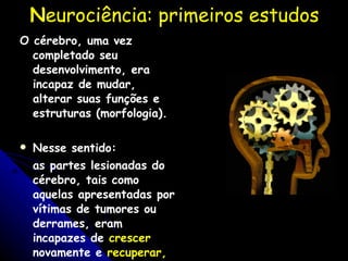 N eurociência: primeiros estudos O cérebro, uma vez completado seu desenvolvimento, era incapaz de mudar, alterar suas funções e estruturas (morfologia).  Nesse sentido: as partes lesionadas do cérebro, tais como aquelas apresentadas por vítimas de tumores ou derrames, eram incapazes de  crescer  novamente e  recuperar,  pelo menos parcialmente, suas funções  