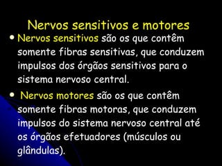 Nervos sensitivos e motores  Nervos sensitivos  são os que contêm somente fibras sensitivas, que conduzem impulsos dos órgãos sensitivos para o sistema nervoso central. Nervos motores  são os que contêm somente fibras motoras, que conduzem impulsos do sistema nervoso central até os órgãos efetuadores (músculos ou glândulas). 