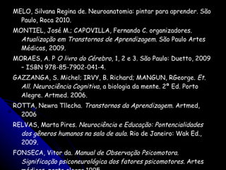 MELO, Silvana Regina de. Neuroanatomia: pintar para aprender. São Paulo, Roca 2010. MONTIEL, José M.; CAPOVILLA, Fernando C. organizadores.  Atualização em Transtornos de Aprendizagem.  São Paulo   Artes Médicas, 2009. MORAES, A. P  O livro do Cérebro , 1, 2 e 3. São Paulo: Duetto, 2009 – ISBN 978-85-7902-041-4. GAZZANGA, S. Michel; IRVY, B. Richard; MANGUN, RGeorge.  Et. All. Neurociência Cognitiva , a biologia da mente. 2ª Ed. Porto Alegre. Artmed. 2006. ROTTA, Newra Tllecha.  Transtornos da Aprendizagem . Artmed, 2006 RELVAS, Marta Pires.  Neurociência e Educação: Pontencialidades dos gêneros humanos na sala de aula . Rio de Janeiro: Wak Ed., 2009. FONSECA, Vitor da.  Manual de Observação Psicomotora. Significação psiconeurológica dos fatores psicomotores.  Artes médicas, porto alegre.1995 FONSECA, Vitor da.  Desenvolvimento psicomotor e aprendizagem.  Artmed.Porto Alegre,2002. 
