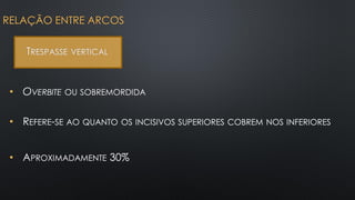 • OVERBITE OU SOBREMORDIDA
RELAÇÃO ENTRE ARCOS
TRESPASSE VERTICAL
• REFERE-SE AO QUANTO OS INCISIVOS SUPERIORES COBREM NOS INFERIORES
• APROXIMADAMENTE 30%
 