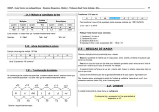 11
CEDUP – Curso Técnico em Análises Clínicas – Disciplina: Bioquímica – Módulo I – Professora Giseli Trento Andrade e Silva.........................................................................................................
___________________________________________________________________________________________________________________________________________
                             2.4.1 - Múltiplos e submúltiplos do litro                                              Transformar 3,19 l para ml.

                                                                                                                                  kl            hl             dal              l              dl            cl             ml
                                                  Unidade
                   Múltiplos                                                    Submúltiplos                           Para transformar l para ml (três posições à direita) devemos multiplicar por 1.000 (10x10x10).
                                                Fundamental
     quilolitro     hectolitro      decalitro       litro           decilitro     centilitro        mililitro          3,19 x 1.000 = 3.190 ml
         kl            hl             dal              l               dl            cl               ml
      1000l           100l            10l             1l              0,1l          0,01l           0,001l

Cada unidade é 10 vezes maior que a unidade imediatamente inferior.                                                    Pratique! Tente resolver esses exercícios:

Relações:           1l = 1dm3                       1ml = 1cm3                         1kl = 1m3                       1) Transforme 7,15 kl em dl
                                                                                                                       2) Transforme 6,5 hl em l
                                                                                                                       3) Transforme 90,6 ml em l
                                                                                                                       4) Expresse em litros o valor da expressão: 0,6 l + 10 dal + 1hl
                            2.4.2 - Leitura das medidas de volume
                                                                                                                    2.5 - MEDIDAS DE MASSA
Exemplo: leia a seguinte medida: 2,478 dal
                                                                                                                    Observe a distinção entre os conceitos de corpo e massa:
      kl             hl            dal              l              dl             cl               ml
                             2,             4                7             8                                          Massa é a quantidade de matéria que um corpo possui, sendo, portanto, constante em qualquer lugar
                                                                                                                    da terra ou fora dela.
  Lê-se "2 decalitros e 478 centilitros".
                                                                                                                      Peso de um corpo é a força com que esse corpo é atraído (gravidade) para o centro da terra. Varia de
                                                                                                                    acordo com o local em que o corpo se encontra. Por exemplo:
                                                                                                                       A massa do homem na Terra ou na Lua tem o mesmo valor. O peso, no entanto, é seis vezes maior na
                                 2.4.3 - Transformação de unidades                                                  terra do que na lua.

Na transformação de unidades de capacidade, no sistema métrico decimal, devemos lembrar que                            Explica-se esse fenômeno pelo fato da gravidade terrestre ser 6 vezes superior à gravidade lunar.
cada unidade de capacidade é 10 vezes maior que a unidade imediatamente inferior.                                   Obs: A palavra grama, empregada no sentido de "unidade de medida de massa de um corpo", é um
                                                                                                                    substantivo masculino. Assim 200g, lê-se "duzentos gramas".

                                                                                                                                                                     2.5.1 - Quilograma

                                                                                                                    A unidade fundamental de massa chama-se quilograma.

                                                                                                                                               O quilograma (kg) é a massa de 1dm3 de água destilada à
                                                                                                                                                                 temperatura de 4ºC.


 Observe a seguinte transformação:
 