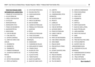 20
CEDUP – Curso Técnico em Análises Clínicas – Disciplina: Bioquímica – Módulo I – Professora Giseli Trento Andrade e Silva.........................................................................................................
___________________________________________________________________________________________________________________________________________

   ITENS PARA PESQUISA SOBRE                                  22 – ESTUFA BACTERIOLÓGICA                                    46 – pHMETRO                                                  69 – GARRA DE CONDENSADOR
INSTRUMENTAÇÃO LABORATORIAL                                   23 – BALANÇA ANALÍTICA                                        47 – TUBO DE ENSAIO                                           70 – PERA DE SEGURANÇA
1 – CÂMARA DE FUCHS-ROSENTHAL                                 24 – CHAPA AQUECEDORA                                         48 – CONDENSADORES (TIPOS                                     71 – CONE INMOFF
2 – ALÇA DE DRIGALSKI                                         25 – LÂMINAS                                                  DIFERENTES)                                                   72 – PESA FILTRO
3 – CAPELA COM EXAUSTOR                                       26 – PIPETA GRADUADA                                          49 – BASTÃO DE VIDRO                                          73 – PICNÔMETRO
4 – AUTOCLAVE                                                 27 – PIPETA VOLUMÉTRICA                                       50 – PROVETA                                                  74 – ARGOLA
5 – MICROCENTRÍFUGA                                           28 – BICO DE BUNSEN                                           51 – LAMÍNULAS                                                75 – ESPÁTULA
6 – MICROSCÓPIO ÓTICO                                         29 – CADINHO DE PORCELANA                                     52 – PLACA DE PETRI                                           76 – MANTA AQUECEDORA
7 – FRASCO DE ERLENMEYER                                      30 - TRIÂNGULO DE PORCELANA                                   53 – TUBO DE WINTROBE                                         77 – BALÃO DE SAÍDA LATERAL
8 – MACROCENTRÍFUGA                                           31 - ALMOFARIZ                                                54 – AGITADOR ORBITAL                                         78 – BALÃO TRITUBULADO
9 – BANHO-MARIA                                               32- PISTILO                                                   55 – FRASCO DE PENICILINA                                     79 – JARRA ANAERÓBIA
10 – COPO DE BÉCKER                                           33 – CÁPSULA DE PORCELANA                                     56 – CUBAS E CUBETAS                                          80 – PIPETA TIPO PASTEUR
11 – FUNIL ANALÍTICO                                          34 – FUNIL DE BUCHNER                                         57 – PONTEIRAS                                                81 – SWAB
12 – SUPORTE UNIVERSAL                                        35 – FUNIL DE DECANTAÇÃO (OU                                  58 – PIPETA DE WESTERGREEN                                    82 – DEIONIZADOR
13 – VARETA DE VIDRO (TUBO                                    SEPARAÇÃO)                                                    59 – TUBO CÔNICO GRADUADO                                     83 – TIRAS REATIVAS PARA URINA
CAPILAR)                                                      36 – DESSECADOR                                               60 – VIDRO ÂMBAR                                              84 – FOTOCOLORÍMETRO
14 – CRONÔMETRO                                               37 – FURADORES DE ROLHAS                                      61 – PINÇA DE MOHR                                            85 – SUPORTE PARA VHS
15 – DENSÍMETRO                                               38 – ESPALHADOR DE CHAMAS                                     62 – PINÇA METÁLICA (TENAZ)                                   (HEMOSSEDIMENTAÇÃO)
16 – TERMÔMETRO                                               39 – TROMPA D’ÁGUA                                            63 – PISSETA                                                  86 – CONTADOR DE CÉLULAS
17 – CÂMARA DE NEWBAUER                                       40 – BULBOS DE LÁTEX                                          64 – ESTANTE (SUPORTE) PARA                                   DIFERENCIAL
18 – LAVADOR AUTOMÁTICO DE                                    41 – FILTRO DE PAPEL                                          TUBO DE ENSAIO                                                87 – HOMOGENEIZADOR DE SANGUE
PIPETAS                                                       42 – ALÇA DE PLATINA                                          65 – PINÇA DE MADEIRA                                         88 – AGITADOR DE TUBOS
19 – BURETA                                                   43 – TAMPA PLÁSTICA                                           66 – VIDRO DE RELÓGIO                                         89 – PINÇA HOFFMANN
20 – ESTUFA PARA SECAGEM                                      44 – BALÃO VOLUMÉTRICO                                        67 – TRIPÉ DE FERRO                                           90 – FRASCO DE KITASATO
21 – PIPETA AUTOMÁTICA                                        45 – BALÃO DE FUNDO CHATO                                     68 – TELA DE AMIANTO                                                                  Bom trabalho!!!
 