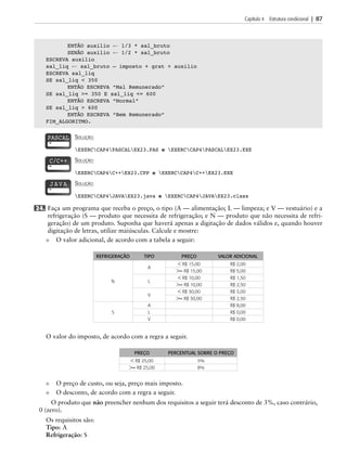 Capítulo 4 Estrutura condicional | 87
ENTÃO auxilio ← 1/3 * sal_bruto
SENÃO auxilio ← 1/2 * sal_bruto
ESCREVA auxilio
sal_liq ← sal_bruto – imposto + grat + auxilio
ESCREVA sal_liq
SE sal_liq  350
ENTÃO ESCREVA “Mal Remunerado”
SE sal_liq = 350 E sal_liq = 600
ENTÃO ESCREVA “Normal”
SE sal_liq  600
ENTÃO ESCREVA “Bem Remunerado”
FIM_ALGORITMO.
Solução:
EXERCCAP4PASCALEX23.PAS e EXERCCAP4PASCALEX23.EXE
Solução:
EXERCCAP4C++EX23.CPP e EXERCCAP4C++EX23.EXE
Solução:
EXERCCAP4JAVAEX23.java e EXERCCAP4JAVAEX23.class
24. Faça um programa que receba o preço, o tipo (A — alimentação; L — limpeza; e V — vestuário) e a
refrigeração (S — produto que necessita de refrigeração; e N — produto que não necessita de refri-
geração) de um produto. Suponha que haverá apenas a digitação de dados válidos e, quando houver
digitação de letras, utilize maiúsculas. Calcule e mostre:
■
■ O valor adicional, de acordo com a tabela a seguir:
rEFrigErAção TiPo PrEço VALor AdiCioNAL
N
A
 R$ 15,00 R$ 2,00
= R$ 15,00 R$ 5,00
L
 R$ 10,00 R$ 1,50
= R$ 10,00 R$ 2,50
V
 R$ 30,00 R$ 3,00
= R$ 30,00 R$ 2,50
S
A R$ 8,00
L R$ 0,00
V R$ 0,00
O valor do imposto, de acordo com a regra a seguir.
PrEço PErCENTuAL soBrE o PrEço
 R$ 25,00 5%
= R$ 25,00 8%
■
■ O preço de custo, ou seja, preço mais imposto.
■
■ O desconto, de acordo com a regra a seguir.
O produto que não preencher nenhum dos requisitos a seguir terá desconto de 3%, caso contrário,
0 (zero).
Os requisitos são:
Tipo: A
Refrigeração: S
PASCAL
C/C++
JAVA
04 asc0711_CAP04 BR.indd 87 4/26/12 10:44 AM
 