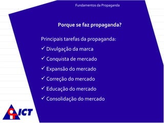 Fundamentos da Propaganda Principais tarefas da propaganda: Divulgação da marca Conquista de mercado Expansão do mercado Correção do mercado Educação do mercado Consolidação do mercado Porque se faz propaganda? 