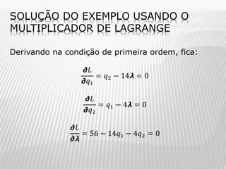 SOLUÇÃO DO EXEMPLO USANDO O
MULTIPLICADOR DE LAGRANGE
Derivando na condição de primeira ordem, fica:
𝟃𝐿
= 𝑞2 − 14𝞴 = 0
𝟃𝑞1
𝟃𝐿
= 𝑞1 − 4𝞴 = 0
𝟃𝑞2

𝟃𝐿
= 56 − 14𝑞1 − 4𝑞2 = 0
𝟃𝞴

 