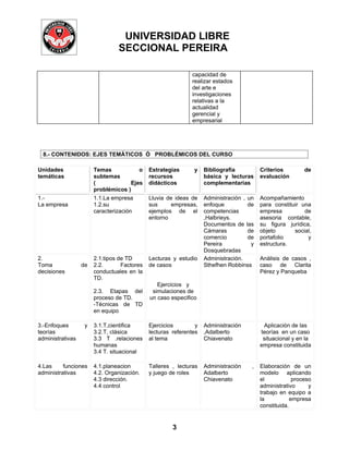 UNIVERSIDAD LIBRE
                                SECCIONAL PEREIRA

                                                             capacidad de
                                                             realizar estados
                                                             del arte e
                                                             investigaciones
                                                             relativas a la
                                                             actualidad
                                                             gerencial y
                                                             empresarial




  8.- CONTENIDOS: EJES TEMÁTICOS Ó PROBLÉMICOS DEL CURSO

Unidades               Temas             o   Estrategias      y    Bibliografía          Criterios         de
temáticas              subtemas              recursos              básica y lecturas     evaluación
                       (              Ejes   didácticos            complementarias
                       problémicos )
1.-                    1.1.La empresa        Lluvia de ideas de    Administración , un   Acompañamiento
La empresa             1.2.su                sus      empresas,    enfoque          de   para constituir una
                       caracterización       ejemplos de el        competencias          empresa          de
                                             entorno               ,Halbrieys.           asesoria contable,
                                                                   Documentos de las     su figura jurídica,
                                                                   Cámaras          de   objeto       social,
                                                                   comercio         de   portafolio        y
                                                                   Pereira           y   estructura.
                                                                   Dosquebradas
2.                     2.1.tipos de TD       Lecturas y estudio    Administración.       Análisis de casos ,
Toma              de   2.2.       Factores   de casos              Sthefhen Robbinss     caso de Clarita
decisiones             conductuales en la                                                Pérez y Panqueba
                       TD.
                                                Ejercicios y
                       2.3. Etapas del        simulaciones de
                       proceso de TD.        un caso especifico
                       -Técnicas de TD
                       en equipo

3.-Enfoques        y   3.1.T,cientifica      Ejercicios        y   Administración         Aplicación de las
teorías                3.2.T, clásica        lecturas referentes   ,Adalberto            teorías en un caso
administrativas        3.3 T .relaciones     al tema               Chiavenato             situacional y en la
                       humanas                                                           empresa constituida
                       3.4 T. situacional

4.Las     funciones    4.1.planeacion        Talleres , lecturas   Administración    ,   Elaboración de un
administrativas        4.2. Organización.    y juego de roles      Adalberto             modelo aplicando
                       4.3 dirección.                              Chiavenato            el            proceso
                       4.4 control                                                       administrativo      y
                                                                                         trabajo en equipo a
                                                                                         la           empresa
                                                                                         constituida.


                                                      3
 