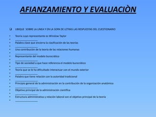 AFIANZAMIENTO Y EVALUACIÒN

   UBIQUE SOBRE LA LINEA Y EN LA SOPA DE LETRAS LAS RESPUESTAS DEL CUESTIONARIO

•   Teoría cuyo representante es Winslow Taylor
•   ________________
•   Palabra clave que encierra la clasificación de las teorías
•   ________________
•   Una contribución de la teoría de las relaciones humanas
•   ________________
•   Representante del modelo burocrático
•   ________________
•   Tipo de sociedad a que hace referencia el modelo burocrático
•   ________________
•   Teoría que se le ha dificultado interactuar con el mundo exterior
•   ________________
•   Palabra que tiene relación con la autoridad tradicional
•   ________________
•   Principio general de la administración en la contribución de la organización anatómica
•   ________________
•   Objetivo principal de la administración científica
•   ________________
•   Estructura administrativa y relación laboral son el objetivo principal de la teoría
•   ________________
 