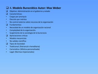  4. Modelo Burocrático Autor: Max Weber
   Objetivo: Administración en el gobierno y estado
   Características:
•   Cargos por jerarquía
•   Elección por méritos
•   No control externo sobre recursos de la organización
   Fundamentos:
•   Necesidad de un modelo de organización racional
•   Complejidad de la organización.
•   Surgimiento de la sociología de la burocracia
   Apreciaciones criticas
•   Modelo mecanicista
•   No validez científica
   Tipos de Sociedad:
•   Tradicional: (Patriarcal o hereditaria)
•   Carismática: (Mística-personalizada)
•   Legal: (Normas impersonales)
 