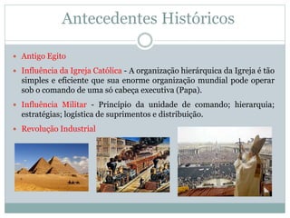 Antecedentes Históricos
 Antigo Egito
 Influência da Igreja Católica - A organização hierárquica da Igreja é tão
simples e eficiente que sua enorme organização mundial pode operar
sob o comando de uma só cabeça executiva (Papa).
 Influência Militar - Princípio da unidade de comando; hierarquia;
estratégias; logística de suprimentos e distribuição.
 Revolução Industrial
 