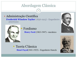 6
Abordagem Clássica
 Administração Científica
Frederick Winslow Taylor (1856-1915) - Engenheiro
americano
 Teoria Clássica
Henri Fayol(1841-1925) - Engenheiro francês
 Fordismo
Henry Ford (1863-1947) - mecânico
 