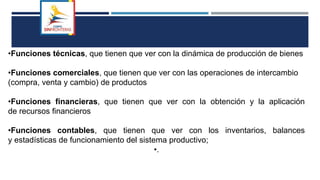•Funciones técnicas, que tienen que ver con la dinámica de producción de bienes
•Funciones comerciales, que tienen que ver con las operaciones de intercambio
(compra, venta y cambio) de productos
•Funciones financieras, que tienen que ver con la obtención y la aplicación
de recursos financieros
•Funciones contables, que tienen que ver con los inventarios, balances
y estadísticas de funcionamiento del sistema productivo;
•.
 