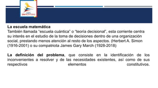La escuela matemática
También llamada “escuela cuántica” o “teoría decisional”, esta corriente centra
su interés en el estudio de la toma de decisiones dentro de una organización
social, prestando menos atención al resto de los aspectos. (Herbert A. Simon
(1916-2001) o su compatriota James Gary March (1928-2018)
La definición del problema, que consiste en la identificación de los
inconvenientes a resolver y de las necesidades existentes, así como de sus
respectivos elementos constitutivos.
 