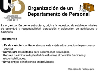 La organización como estructura,  origina la necesidad de establecer niveles de autoridad y responsabilidad, agrupación y asignación de actividades y funciones Importancia Es de carácter continuo  siempre esta sujeta a los cambios de personas y  puestos Suministra  los métodos para desempeñar actividades Reduce  o elimina la duplicidad de esfuerzos al delimitar funciones y  responsabilidades.  Evita  lentitud e ineficiencia en actividades Organización de un Departamento de Personal 
