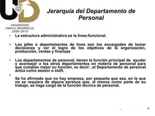 Jerarquía del Departamento de Personal La estructura administrativa es la lineo-funcional.  Los jefes o departamentos de línea son los encargados de tomar decisiones y ver el logro de los objetivos de la organización, producción, ventas y finanzas  Los departamentos de personal, tienen la función principal de  ayudar y aconsejar a los otros departamentos en materia de personal para que cumplan mejor su función, es decir; .el Departamento de personal actúa como asesor o staft. Se ha afirmado que no hay empresa, por pequeña que sea, en la que no se requiera de alguna persona que, al menos como parte de su trabajo, se haga cargo de la función técnica de personal. 