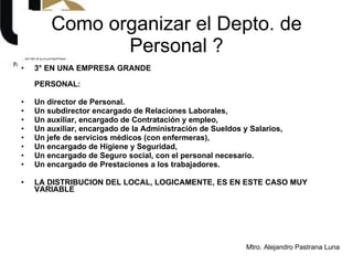 Como organizar el Depto. de Personal ? 3° EN UNA EMPRESA GRANDE PERSONAL: Un director de Personal.  Un subdirector encargado de Relaciones Laborales,  Un auxiliar, encargado de Contratación y empleo,  Un auxiliar, encargado de la Administración de Sueldos y Salarios,  Un jefe de servicios médicos (con enfermeras),  Un encargado de Higiene y Seguridad,  Un encargado de Seguro social, con el personal necesario. Un encargado de Prestaciones a los trabajadores. LA DISTRIBUCION DEL LOCAL, LOGICAMENTE, ES EN ESTE CASO MUY VARIABLE 